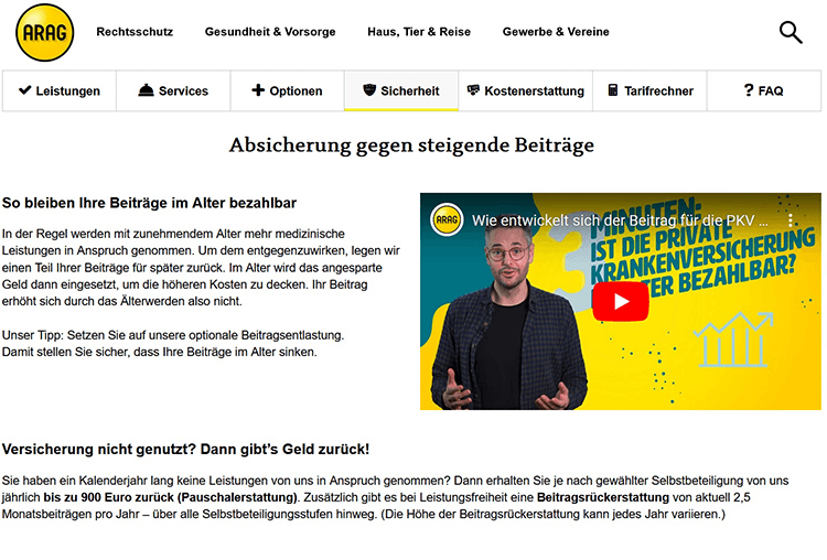 Screenshot von ARAG Webseite zum Thema Altersrückstellungen